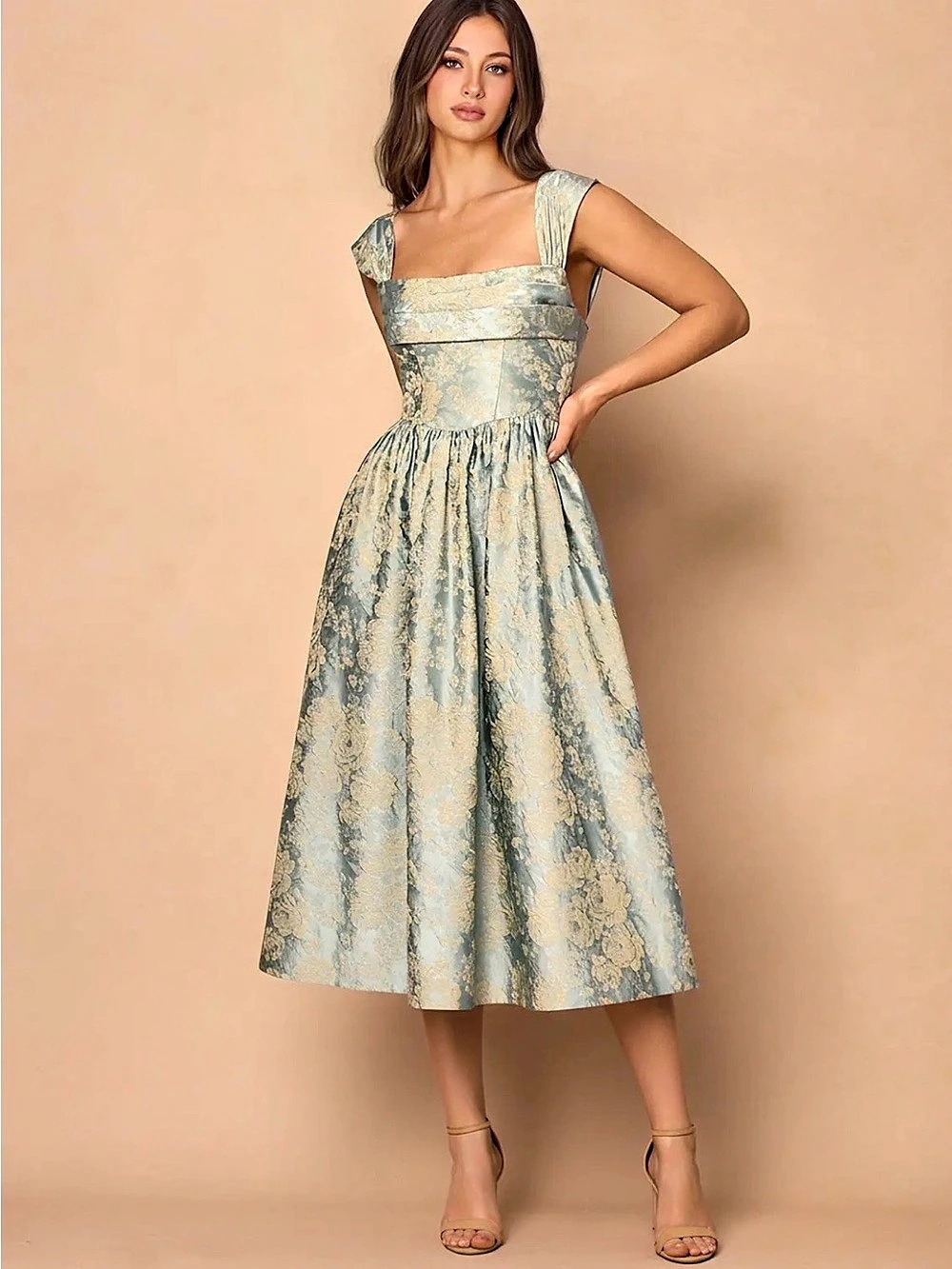 Azazie Runa Midi Dress Floral Jacquard Midi Dress in vintage blue NWT